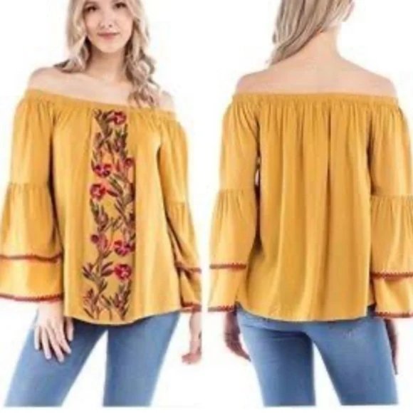 Solitaire Women's Mustard Off the Shoulder Bell Sleeve Boho Embroidered top sz M - Picture 1 of 11